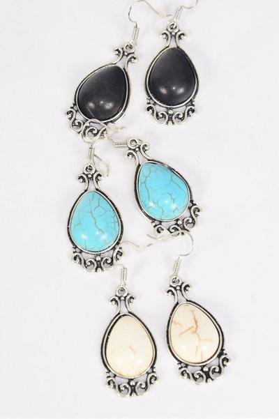 Earrings Metal Antique Teardrop Dangle Semiprecious Stone / 12 pair = Dozen  match 70078 Fish Hook , Size - 1.5" x 0.75" Wide , 4 Black , 4 Ivory , 4 Turquoise Asst , Earring Card & OPP Bag & UPC Code -