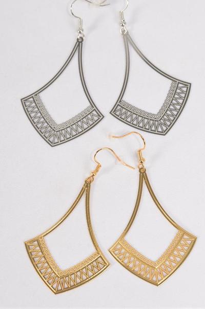 Earrings Laser Cut Stainless Steel Filigree Dangle Gold Silver Mix / 12 pair = Dozen Fish Hook , Size-2" x 1.5" Wide , 6 Silver & 6 Gold Mix , Earring Card & OPP bag & UPC Code