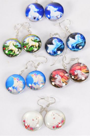 Earrings Unicorn Double Sided Glass Dome / 12 pair = Dozen   match 70105 Fish Hook , Size - 0.75" Wide , 2 of each Design Asst , Earring Card & OPP Bag & UPC Code