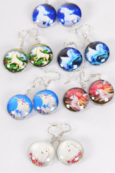 Earrings Unicorn Double Sided Glass Dome / 12 pair = Dozen   match 70105 Fish Hook , Size - 0.75" Wide , 2 of each Design Asst , Earring Card & OPP Bag & UPC Code