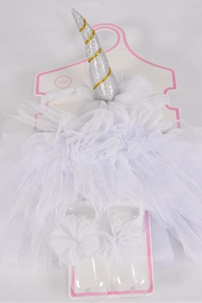 Tutu Cake Dress Unicorn Theme 3 pcs Sets White / Sets Size - 0 - 24 month , Unicorn - 5" x 2"Headband Stretch , Shoe , Display Card & UPC Code