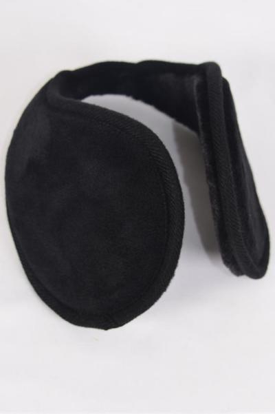 Earmuffs Polar Fleece Super Soft Faux Fur Adult Size Flexible Black / 12 pcs = Dozen  Black , Size-4.25", Flexible, Hang Tag & OPP Bag & UPC Code