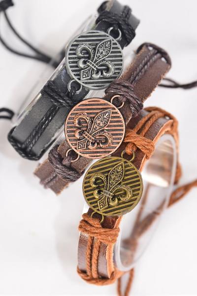 Bracelet Real Leather Band Fleur De Lis / 12 pcs = Dozen  Unisex , Adjustable , 4 of each Pattern Asst , Individual Hang tag & OPP Bag & UPC Code