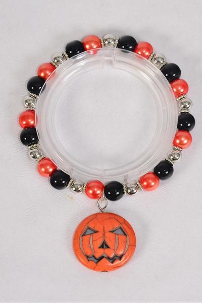 Bracelet Halloween 8 mm Glass Pearl Semi precious Stone Jack Olantern Pumpkin Charm Stretch / 12 pcs = Dozen Pumpkin , Stretch , Hang Tag & Opp Bag & UPC Code
