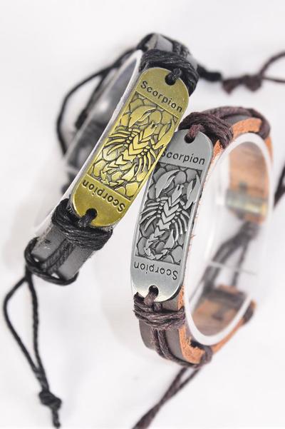 Bracelet Real Leather Band Scorpion Adjustable / 12 pcs = Dozen  Unisex , Adjustable , 6 of each Pattern Mix , Individual Hang tag & OPP Bag & UPC Code