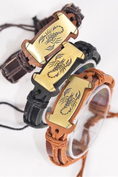 Bracelet Real Leather Band Oblong Scorpion / 12 pcs = Dozen  Unisex , Adjustable , 4 of each Pattern Asst , Individual Hang tag & OPP Bag & UPC Code