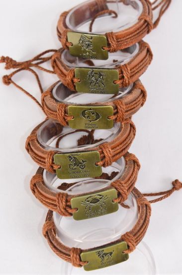 Bracelet Real Leather Band Brown Antique Oblong Zodiac Signs Asst/DZ **Unisex** Adjustable,12 Month Asst,Individual Hang tag & OPP Bag & UPC Code