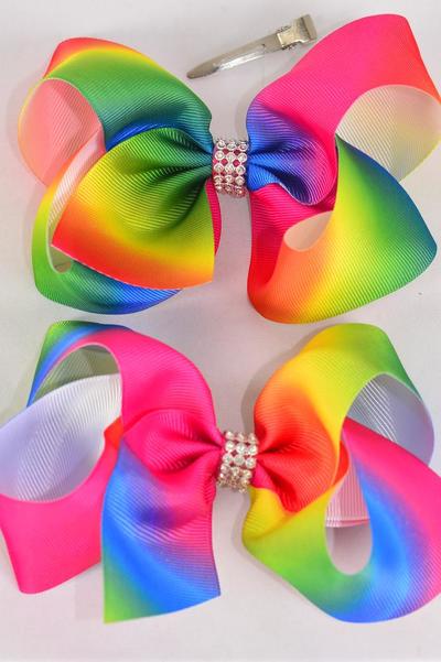 Hair Bow Jumbo Tiedye Gradient Multi Grosgrain Bow-tie / 12 pcs Bow = Dozen Alligator Clip , Size - 6" x 5" Wide , Clip Strip & UPC Code