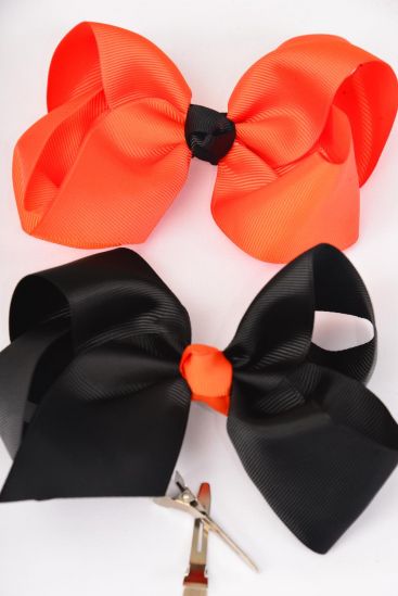 Hair Bow Large Black Orange Mix Grosgrain Bow-tie / 12 pcs Bow = Dozen   Alligator Clip , Bow - 5" x 4" Wide , 6 Autumn Orange , 6 Black Color Mix , Clip Strip & UPC Code