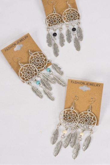 Earrings Metal Antique Dream Catcher Semiprecious Stone / 12 pair = Dozen match 70083 Fish Hook , Size - 2" x 1" Wide , 4 Black , 4 Ivory , 4 Turquoise Asst , Earring Card & OPP Bag & UPC Code