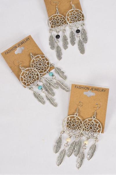 Earrings Metal Antique Dream Catcher Semiprecious Stone / 12 pair = Dozen match 70083 Fish Hook , Size - 2" x 1" Wide , 4 Black , 4 Ivory , 4 Turquoise Asst , Earring Card & OPP Bag & UPC Code