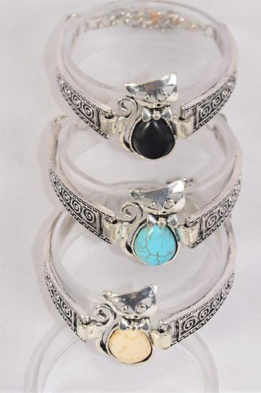 Bracelet Cat Semiprecious Stone / 12 pcs = Dozen Adjustable Length , Extension Chain , Cat - 1.25" x 0.75" Wid e, 4 Black , 4 Ivory , 4 Turquoise Asst , Hang Tag & OPP Bag & UPC Code