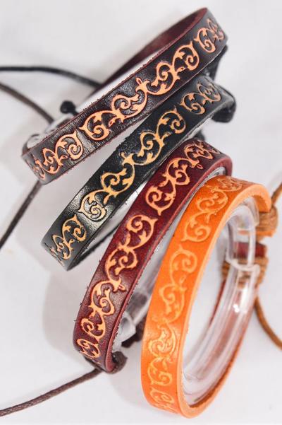 Bracelet Real Leather Band Stamps / 12 pcs = Dozen Unisex , Adjustable , 3 of each Pattern Asst , Display Card & OPP Bag & UPC Code