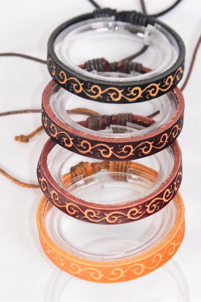 Bracelet Real Leather Band Stamps / 12 pcs = Dozen Unisex , Adjustable , 3 of each Pattern Asst , Hang Tag & OPP Bag & UPC Code