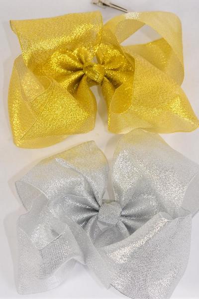 Hair Bow Extra Jumbo Cheer Bow Type  Bow Metallic Gold Silver Mix / 12 pcs Bow = Dozen Alligator Clip , Size - 8" x 7" Wide , 6 Gold , 6 Silver Asst , Clip Strip & UPC Code