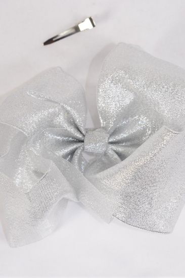 Hair Bow Extra Jumbo Cheer Type Bow Metallic Silver / 12 pcs Bow = Dozen Silver , Christmas , Alligator Clip , Size - 8" x 7" Wide , Clip Strip & UPC Code