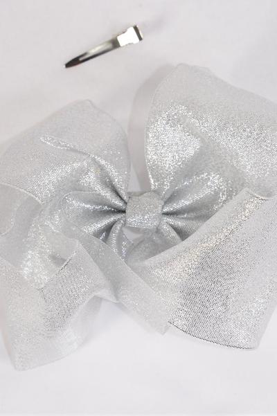 Hair Bow Extra Jumbo Cheer Type Bow Metallic Silver / 12 pcs Bow = Dozen Silver , Alligator Clip , Size - 8" x 7" Wide , Clip Strip & UPC Code