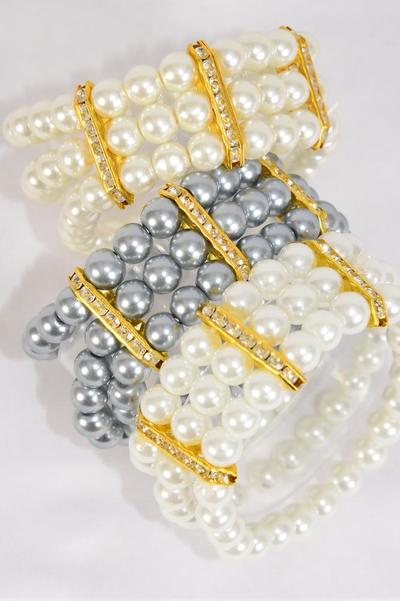 Bracelet 3 Strands Of Pearls 8 mm Glass Pearl Rhinestone Bezels Stretch White Cream Gray Mix/DZ Stretch,Size-1" Dia Wide,4 White,4 Cream,4 Gray Mix,Hang tag & Opp bag & UPC Code