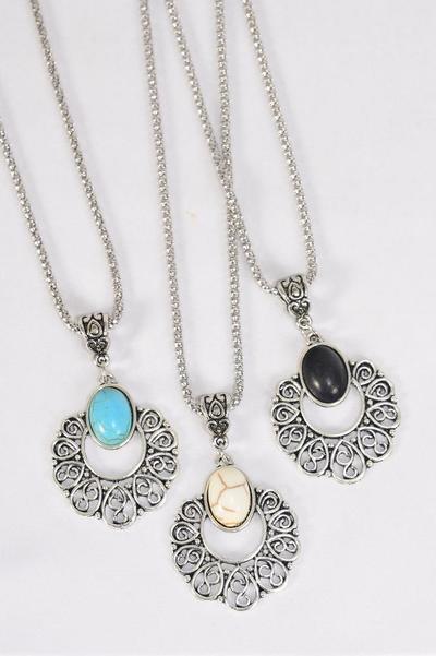 Necklace Silver Chain Oval Filigree Metal Antique Semiprecious Stone/ 12 pcs = Dozen match 02679 Pendant -1.5" x 1.25" Wide , Chain -18" Extension Chain , 4 Ivory , 4 Black , 4 Turquoise Asst , Hang Tag & OPP Bag & UPC Code