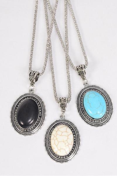 Necklace Silver Chain Metal Antique Oval Semiprecious Stone / 12 pcs = Dozen match 25650 Pendant-1.75" x 1.25" Wide , Chain-18" Extension Chain , 4 Ivory , 4 Black , 4 Turquoise Asst , Hang Tag & OPP Bag & UPC Code