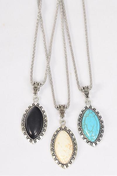 Necklace Silver Chain Oval Metal Antique Aztec Western Look  Real Semiprecious Stone / Dozen Pendant - 1.5" x 1" Wide , Chain-18" Extension Chain , 4 Ivory , 4 Black , 4 Turquoise Asst , Hang Tag & OPP Bag & UPC Code