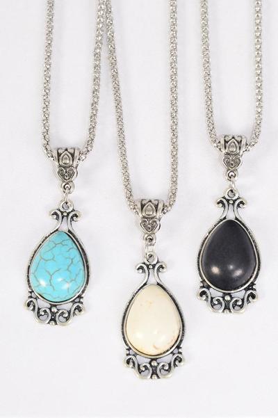 Necklace Silver Chain Antique Oval Semiprecious Stone / 12 pcs = Dozen match 01098 Pendant - 1.5" x 0.75" Wide , Chain-18" Extension Chain , 4 Ivory , 4 Black , 4 Turquoise Asst , Hang Tag & OPP Bag & UPC Code