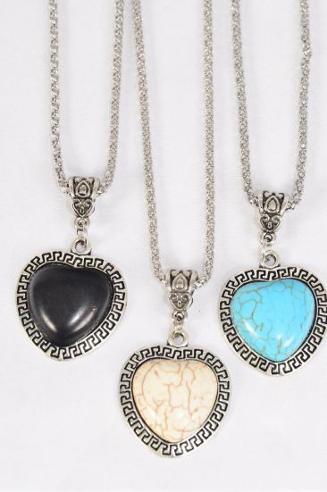 Necklace Silver Chain Metal Antique Heart Semiprecious Stone / 12 pcs = Dozen  Match 02932 Pendant -1.25" x 1" Wide , Chain-18" Extension Chain , 4 Ivory , 4 Black , 4 Turquoise Asst , Hang Tag & OPP Bag & UPC Code