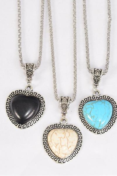 Necklace Silver Chain Metal Antique Heart Semiprecious Stone / 12 pcs = Dozen  Match 02932 Pendant -1.25" x 1" Wide , Chain-18" Extension Chain , 4 Ivory , 4 Black , 4 Turquoise Asst , Hang Tag & OPP Bag & UPC Code