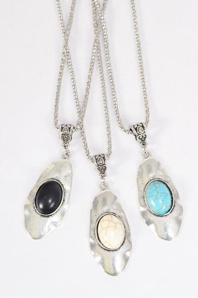 Necklace Silver Chain Oval Metal Antique Oval Semiprecious Stone / 12 pcs = Dozen  match 03095 Pendant - 2" x 1" Wide , Chain-18" Extension Chain , 4 Ivory , 4 Black , 4 Turquoise Asst , Hang Tag & OPP Bag & UPC Code