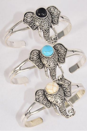 Bracelet Cuff Elephant Semiprecious Stone / 12 pcs = Dozen match 03097 Flexable , Elephant - 1.5" x 1" Wide , 4 Black , 4 Ivory , 4 Turquoise Asst , Hang Tag & OPP Bag & UPC Code