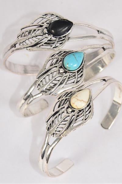 Bracelet Cuff Abstract Real Semiprecious Stone / 12 pcs = Dozen Cuff , 4 Black , 4 Ivory , 4 Turquoise Asst , Hang Tag & OPP Bag & UPC Code