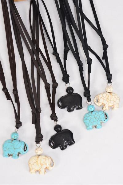 Leather Necklace Head Carved Elephant Real Semiprecious Stone / 12 pcs = Dozen  match 03144 Adjustable , Unisex , Elepant Size-1.25"x 1.25" Wide , 4 Black , 4 Turquoise , 4 Ivory , 6 Black & 6 Brown Leather Mix , Hang Tag & OPP Bag & UPC Code