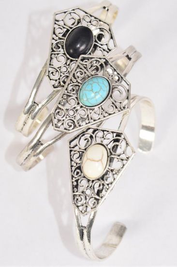 Bracelet Cuff Semiprecious Stone / 12 pcs = Dozen Cuff , Flexable , 4 Black , 4 Ivory , 4 Turquoise Asst , Hang Tag & OPP Bag & UPC Code