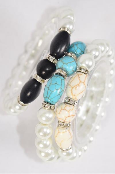 Bracelet 10 mm Glass Pearl & 12 mm Oval Semiprecious Stone & Bezel Stretch / 12 pcs = Dozen  Stretch , 4 Black , 4 Ivory , 4 Turquoise Color Asst , Hang Tag & Opp Bag & UPC Code