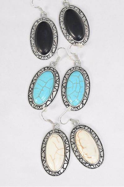 Earrings Metal Antique Oval Semiprecious Stone / 12 pair = Dozen Fish Hook , Size - 125" x 1.25" Wide , 4 Black , 4 Ivory , 4 Turquoise Asst , Earring Card & OPP Bag & UPC Code -