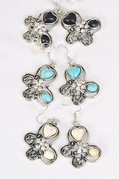 Earrings Metal Antique Butterfly Semiprecious Stone / 12 pair = Dozen Match 70081 Fish Hook , Size - 1.25" x 1" Wide , 4 Black , 4 Ivory , 4 Turquoise Asst , Earring Card & OPP Bag & UPC Code 
