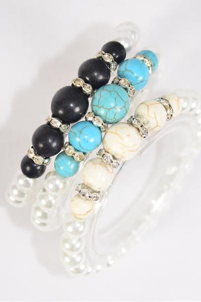 Bracelet 10 mm Glass Pearl Center Semiprecious Stone Bezel Mix Stretch / 12 pcs = Dozen Stretch , 4 Black , 4 Ivory , 4 Turquoise Color Asst , Hang Tag & Opp Bag & UPC Code 