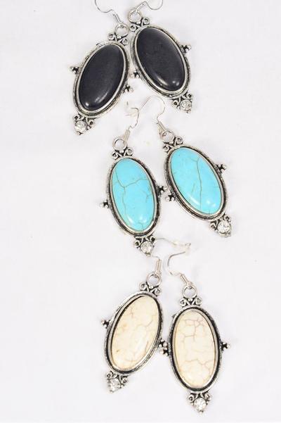 Earrings Metal Antique Oval Semiprecious Stone / 12 pair = Dozen match 76019 Fish Hook , Size-1.75" x 1" Wide , 3 Black , 3 Ivory , 6 Turquoise Asst , Earring Card & OPP Bag & UPC Code
