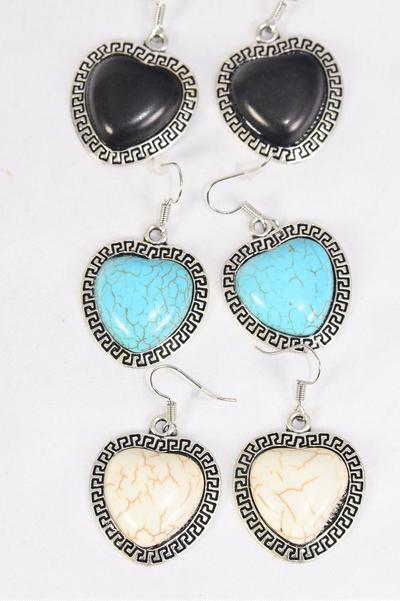 Earrings Metal Antique Heart Semiprecious Stone / 12 pair = Dozen  Match 70003 Fish Hook , Size-1.25" x 1" Wide , 4 Black , 4 Ivory , 4 Turquoise Asst , Earring Card & OPP Bag & UPC Code