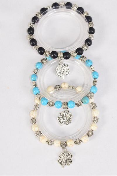 Bracelet 10 mm Semiprecious Stone Silver Clover Charm /  12 pcs = Dozen Stretch , 4 Black , 4 Ivory , 4 Turquoise Asst , Hang Tag & OPP Bag & UPC Code