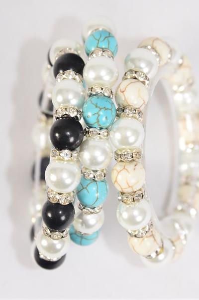 Bracelet 10 mm Glass Pearl w 8 mm Semiprecious Stone Mix Stretch / 12 pcs = Dozen Stretch , 4 Black , 4 Ivory , 4 Turquoise  Color Asst , Hang Tag & Opp Bag & UPC Code -