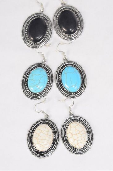 Earrings Metal Antique Oval Semiprecious Stone / 12 pair = Dozen  match 70007 Fish Hook , Size-1.5" x 1.25" Wide , 4 Black , 4 Ivory , 4 Turquoise Asst , Earring Card & OPP Bag & UPC Code -