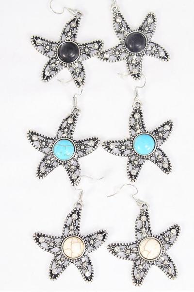 Earrings Metal Antique Star Fish Semiprecious Stone / 12 pair = Dozen  Match 70303 Fish Hook , Size - 1.5" Wide , 4 Black , 4 Ivory , 4 Turquoise Asst , Earring Card & OPP Bag & UPC Code 