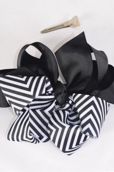 Hair Bow Jumbo Chevron 2 tone Black Grosgrain Bow-tie / 12 pcs Bow = Dozen Black , Alligator Clip , Size - 6" x 5" Wide , Clip Strip & UPC Code