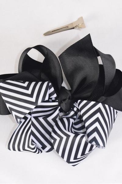 Hair Bow Jumbo Chevron 2 tone Black Grosgrain Bow-tie / 12 pcs Bow = Dozen Black , Alligator Clip , Size - 6" x 5" Wide , Clip Strip & UPC Code