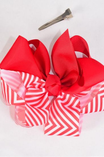 Hair Bow Jumbo Chevron 2 tone Red White Mix Grosgrain Bow-tie / 12 pcs Bow = Dozen  Red , Alligator Clip , Size - 6" x 5" Wide , Clip Strip & UPC Code