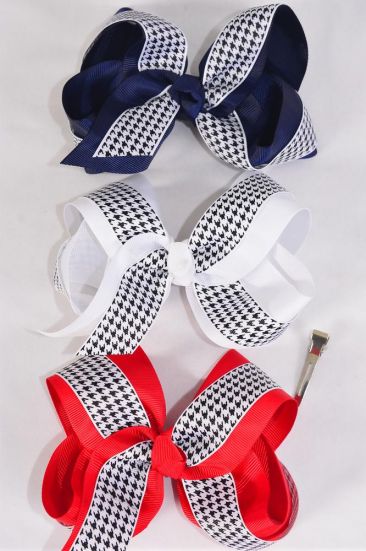 Hair Bow Jumbo Double Layered Hound tooth Grosgrain Bow-tie / 12 pcs Bow = Dozen Alligator Clip , Bow - 6 x 5" Wide , 4 White , 4 Red , 4 Navy Color Asst , Clip Strip and UPC Code