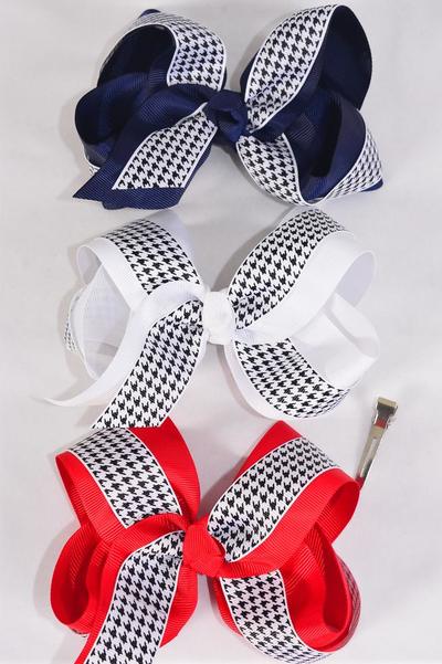Hair Bow Jumbo Double Layered Hound tooth Grosgrain Bow-tie / 12 pcs Bow = Dozen Alligator Clip , Bow - 6 x 5" Wide , 4 White , 4 Red , 4 Navy Color Asst , Clip Strip and UPC Code