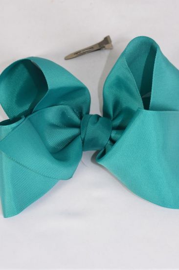 Hair Bow Extra Jumbo Cheer Type Bow Teal Green Grosgrain Bow-tie / 12 pcs Bow = Dozen  Teal Green , Alligator Clip , Size - 8" x 7" Wide , Clip Strip & UPC Code