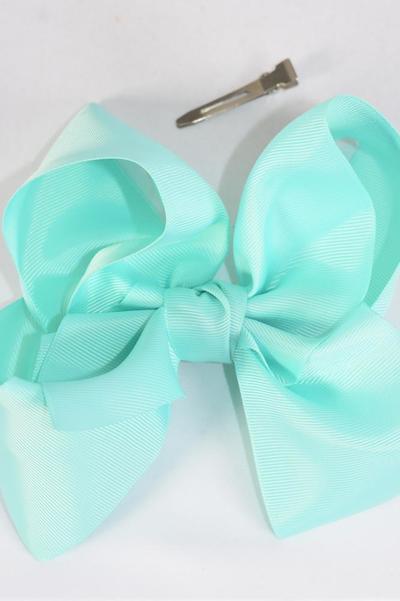 Hair Bow Extra Jumbo Cheer Type Bow Aqua Grosgrain Bow-tie / 12 pcs Bow = Dozen Aqua, Alligator Clip , Size - 8" x 7" Wide ,  Clip Strip & UPC Code